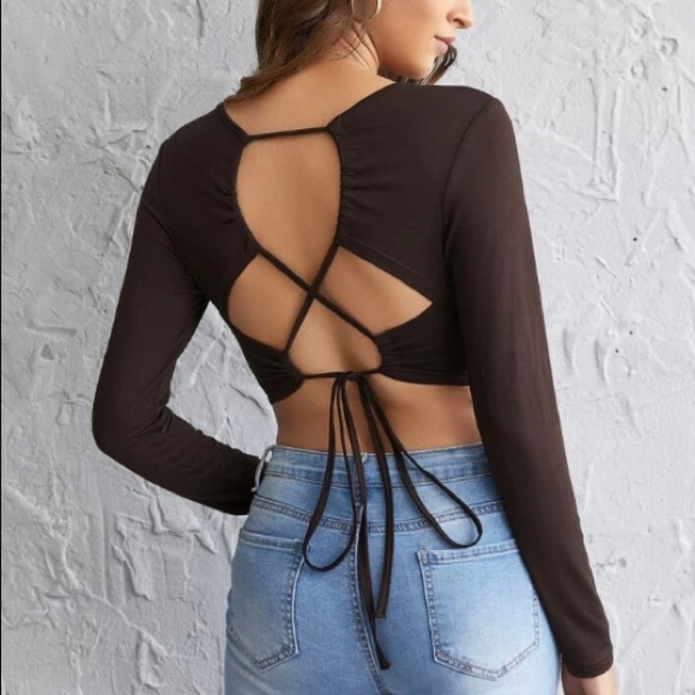 Lace Up Open Back Solid Crop Tee